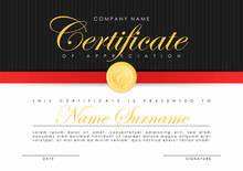 Certificate Template In Elegant Dark Blue Colors With Golden Medal. Certificate Of Appreciation, Award Diploma Design Template.