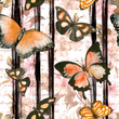 © zzorik - Butterflies, flowers at monochrome striped background with hand written text. Repeating floral background. Watercolor with vertical black stripes