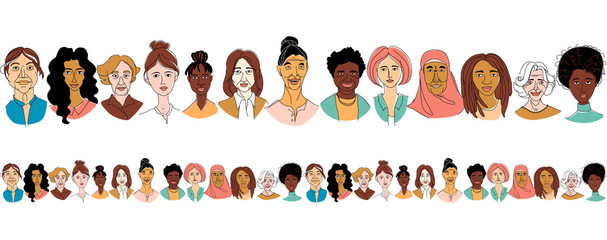 Women's diversity head portraits line drawing doodle poster seamless pattern