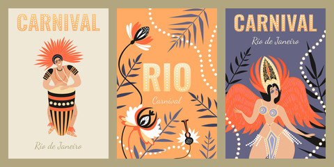 Set of banners for the carnival in Rio de Janeiro with funny characters of a dancer and drummer with exotic flowers on the background