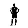 Soccer player goalkeeper standing with hands on hips, isolated vector silhouette, ink drawing