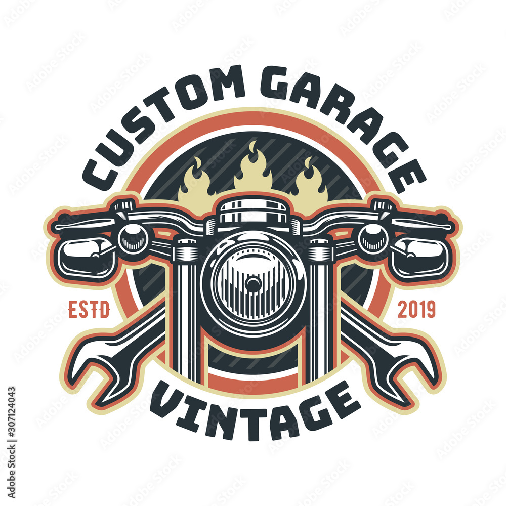 Vintage motorcycle logo template, vector retro custom garage emblem or ...