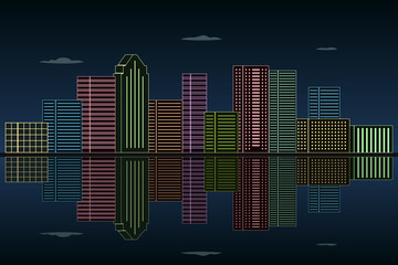 Sticker - Reflection skyscrapers in water. Night urban skyline. Vector illustration.