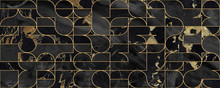 Seamless Pattern Design With Golden Geometric Lines, Black Marble Surface, Modern Luxurious Background