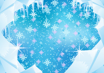 Wall Mural - Winter christmas background with snowflakes and icicles on blue background.