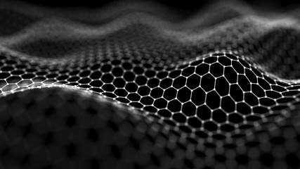 Aufkleber - Wave with the connection of points and lines on a polygonal dark background. Futuristic abstract mesh.