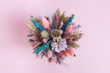 © yrabota - Trendly beautiful flowers bouquet pink and lilac colored wiht dried plants, flower, grass. Handmade floral decoration. Top view.