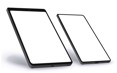 Tablet Computer and Mobile Phone Vector Illustration Concept With Black Frame and White Screen. Easy Editable Perspective View and Transparent Background