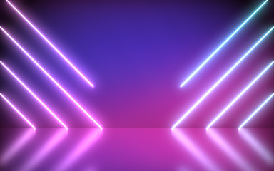 Wall Mural - neon background abstract blue and pink with light shapes line diagonals on colorful and reflective f