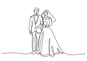Continuous one line drawing of wedding couple. Man and woman standing with dress and gown.