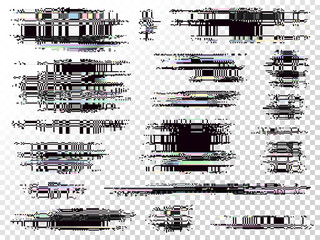 Glitch elements set. Computer screen error templates. Digital pixel noise abstract design. Video game glitch. Television signal fail. Data decay. Technical problem grunge.