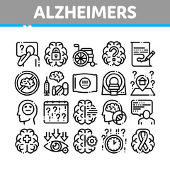 Poster - Alzheimers Disease Collection Icons Set Vector Thin Line. Brain And Drugs, Wheelchair And Man Silhouette With Alzheimers Illness Concept Linear Pictograms. Monochrome Contour Illustrations