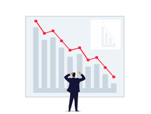 A Man Throws Up His Hands Looking At A Graph Of Falling Prices. World Financial Crisis, Unsuccessful Investment, Failure, Loss Of Money. Man On The Stock Exchange. Flat Vector Isolated On A White