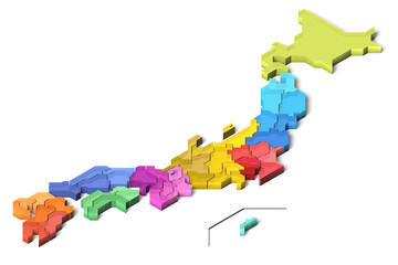  日本地図, 地方別, 県別, 3D, 半透明