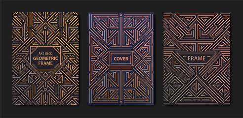 Set of vector Art deco golden covers. Creative design templates. Trendy graphic poster, gatsby brochure, design, packaging and branding. Geometric shapes, ornaments