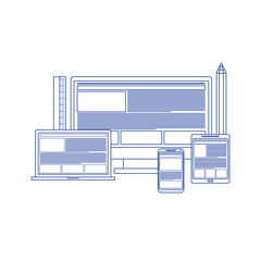 Web Design. Website template for monitor, laptop, tablet, phone. Elements for mobile and web applications. Concept of line icon