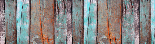 Naklejka na szybę Painted wooden texture. Old wooden boards with a knots close-up. Empty background. Panoramic banner.