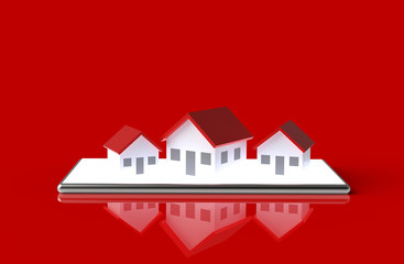 Growth real estate online concept. Group of house on mobile phone. 3D Illustration.