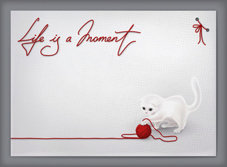 Greeting card for holiday event template with funny white cat playing with red woolen ball, congratulation lettering with empty space for text and wishes over white dotted background with copyspace