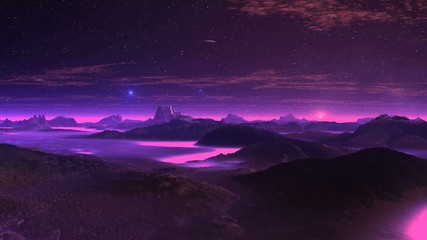 Wall Mural - Gloomy Planet and the UFOs. Mountains, rivers, horizon are covered with dense lilac fog. Bright blue objects (ufos) fly over the landscape. The dark starry sky floating clouds. Bright sun rises.