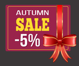 Fototapeta Do pokoju - Gift shopping card with red ribbon and autumn sale 5 percent. Flyer business promotion discount for shopping decorated by silk stripe with big bow. Holiday shopping poster with special offer vector
