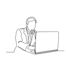 Continuous Line Drawing Of Business Man With Laptop Vector Illustration