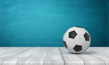 3d Rendering Of Football Ball On White Wooden Floor And Dark Turquoise Background