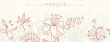 Tropical Flowers Border Seamless Pattern In Sketch Style On White Background - Hand Drawn Exotic Blooms Of Hibiscus, Protea, Magnolia And Plumeria With Colorful Line Contour. Vector Illustration