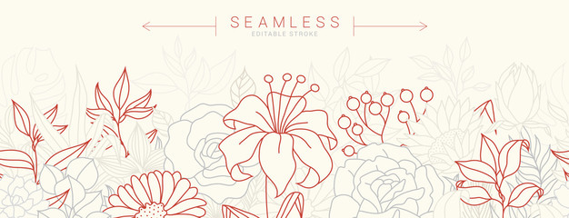 Tropical flowers border seamless pattern in sketch style on white background - hand drawn exotic blooms of hibiscus, protea, magnolia and plumeria with colorful line contour. Vector illustration