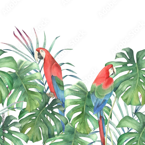 Tropical seamless pattern with parrots and leaves on white background. Waterc...