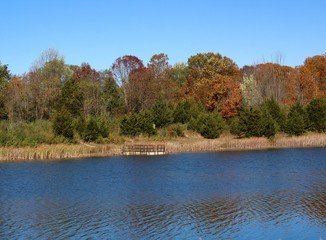 The calm peaceful view of the lake on a sunny fall day.