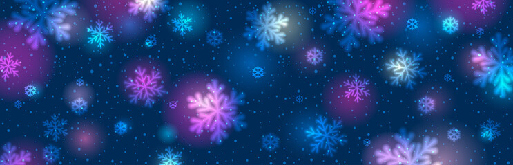 Wall Mural - Blue christmas banner with white blurred snowflakes. Merry Christmas and Happy New Year greeting banner. Horizontal new year background, headers, posters, cards, website. Vector illustration