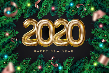 Wall Mural - Realistic Happy New 2020 Year wreath frame with garland. Vector festive background with pine branches and 2020 text for invitation, greeting card and banner.