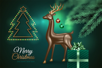 Wall Mural - Happy New Year and Merry Christmas. Festive green background with Xmas tree, realistic 3d deer, gift. Vector festive illustration for postcard, banner, cover design.