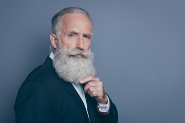 Close-up profile side view portrait of his he nice attractive suspicious well-groomed gray-haired man macho model thinking touching beard isolated over grey violet purple pastel color background