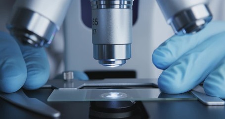 Wall Mural - close-up shot of sample slide and microscope with metal lens at laboratory.