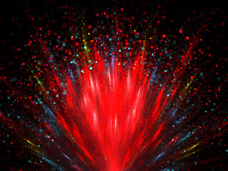 Abstract bouquet of red, yellow and blue exploding powder, on black background