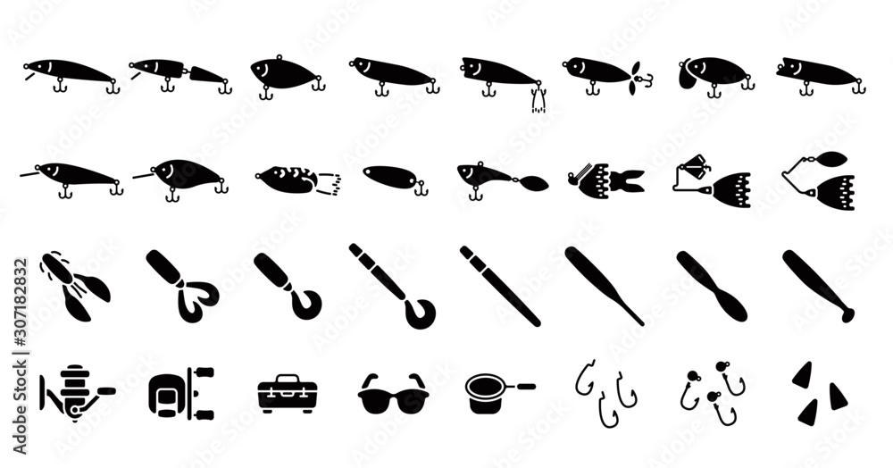 bass lure silhouette Fishing Lures and Tackle Silhouette Icon Set Stock Vector