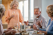 © Drazen - Happy seniors enjoying in food and wine while talking at dining table.