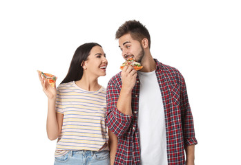 Wall Mural - Happy couple with pizza isolated on white