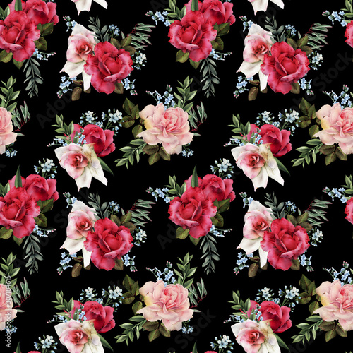 Seamless floral pattern with flowers on blue background, watercolor. Template...