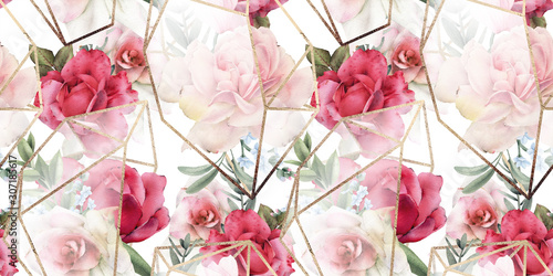 Fototapeta na wymiar Seamless floral pattern with flowers on light background, watercolor. Template design for textiles, interior, clothes, wallpaper. The geometry of the crystal. Golden texture