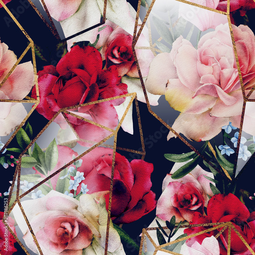 Seamless floral pattern with flowers on dark background, watercolor. Template...