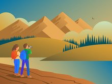 A Man And A Woman Travel In The Wild With A Camera. Evening Wildlife Landscape With Forests, Hills And Mountains. In The Distance, An Eagle Flies Among The Clouds. Vector Illustration.