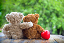 Brown Teddy Bear Cute Couple Embracing Each Other To Show Love On Nature Background With Sweet And Romantic Moment.