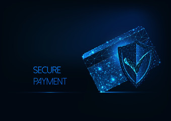 Futuristic secure payment concept with glow low polygonal credit card, protection approval shield.