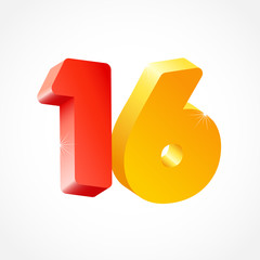 Wall Mural - 16 th anniversary numbers. 16 years old coloured logotype. Age congrats, congratulation idea. Isolated abstract graphic design template. Creative 1, 6 3D digits. Up to 16%, -16% percent off discount.