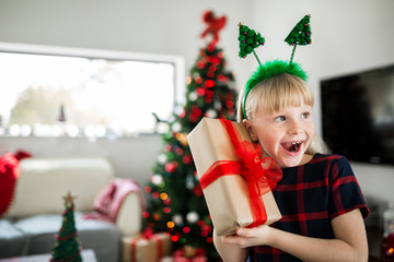 Wall Mural - Young surprised girl holding christmas gift smiling