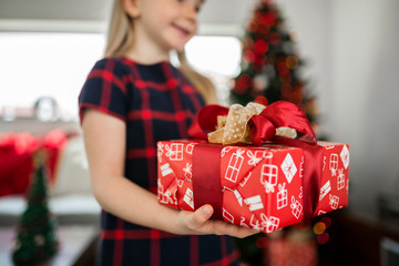 Wall Mural - Young happy girl holding wrapped christmas present