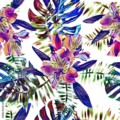 Tropical floral bouquet with orchids, seamless pattern.